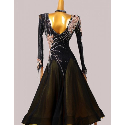 Custom size black with gold diamond competition ballroom dancing dresses for women girls waltz tango foxtrot smooth dance long skirts for female